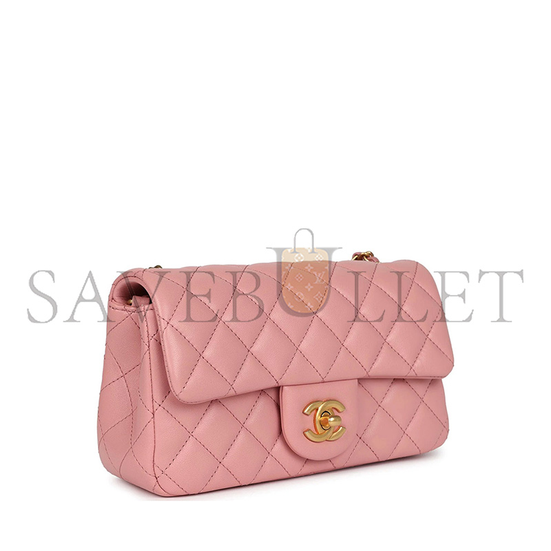 CHANEL MASTER MINI PEARL CRUSH RECTANGULAR FLAP DARK PINK LAMBSKIN BRUSHED GOLD HARDWARE (20*13*7cm)